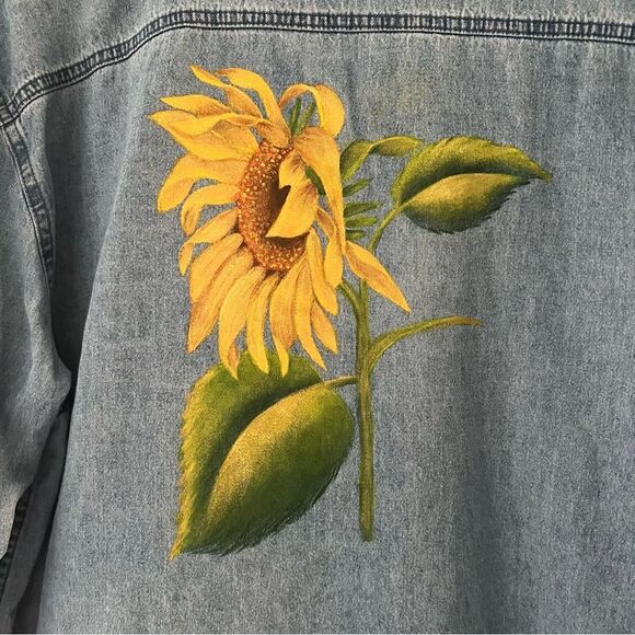 Vintage Denim Shirt Sunflower Handpainted Size Large Boho Artsy Unique Kansas - Picture 2 of 9